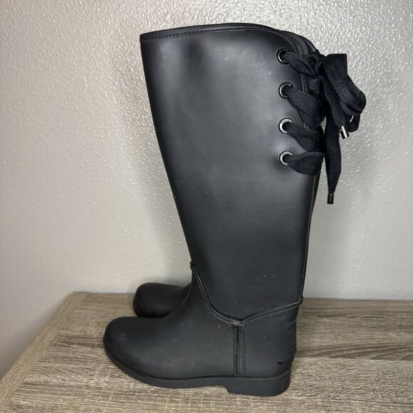 Coach Tristee Size 7B Waterproof Rubber Rain Boots Fleece Lined Corset Lace Up - Picture 2 of 15